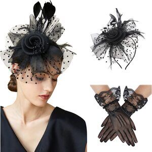 9922 Tea Party Hat And Glovess Set For Women Pillbox Veil Fascinator